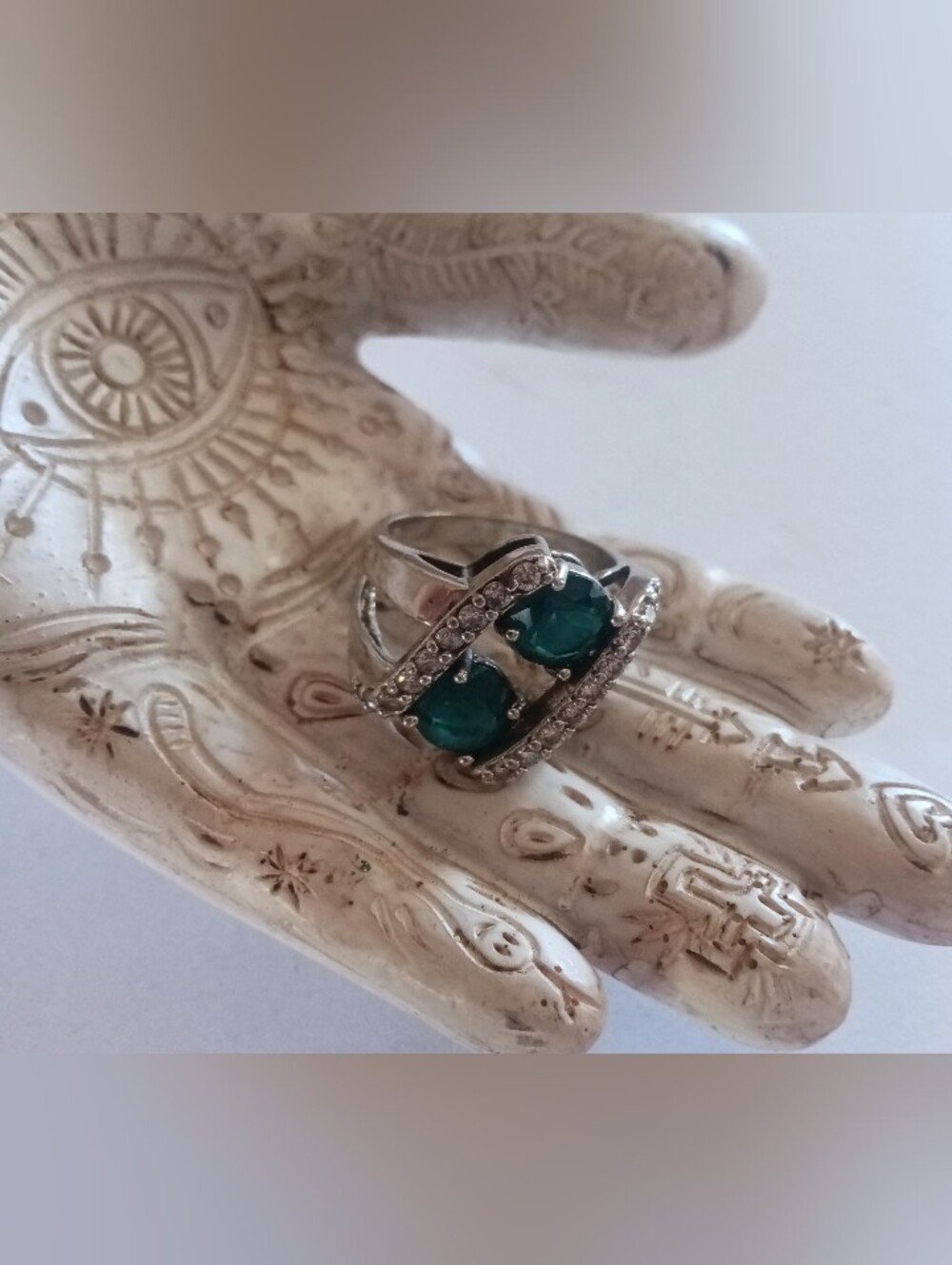 Sterling Silver 925 Ring 2 Green Emerald-Cut Gemstones Two Rows Accent Crystals